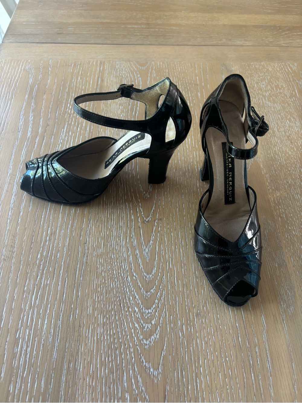 Black Patent 100% Genuine Leather Peep-Toe Ankle Strap Heels